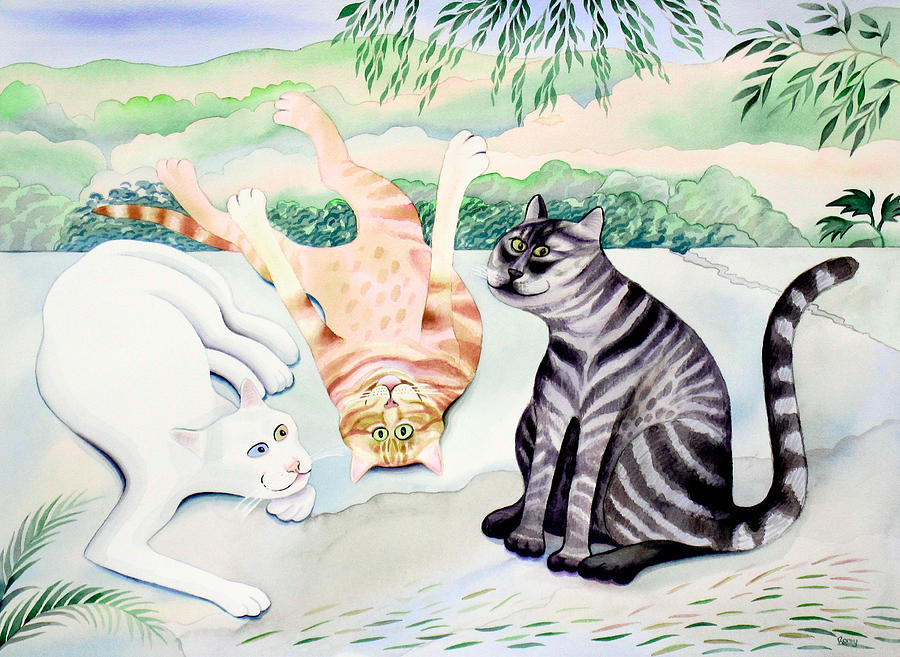 Cat Painting - Neighbors by Romy Muirhead