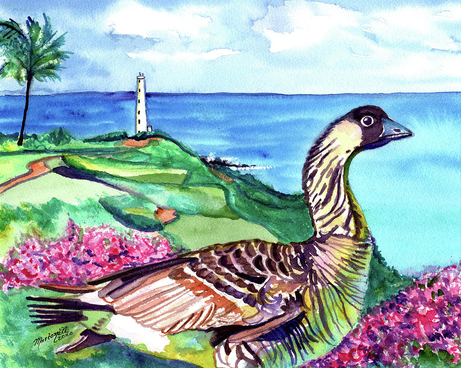 Nene Goose and Ninini Point Lighthouse Painting by Marionette Taboniar