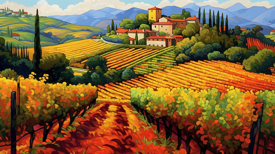 Fantasy Painting - Neo      impressionism  pop  art  deco  vineyard  Italy  by Asar Studios by Celestial Images