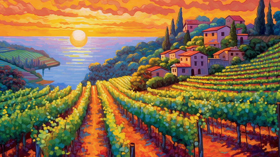 Fantasy Painting - Neo  impressionism  pop  art  deco  vineyard  Italy  by Asar Studios by Celestial Images