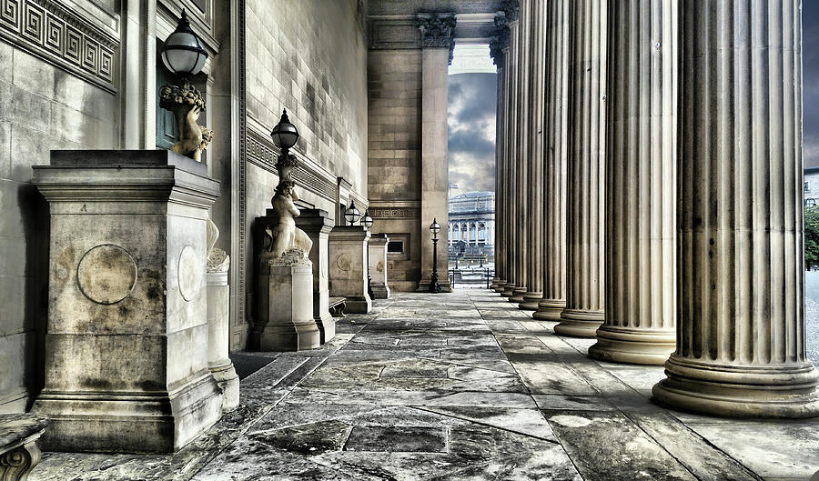 Neoclassical columns and colonnade at the front of St Georges Hall, Liverpool, Merseyside, England Photograph by Panoramic Images