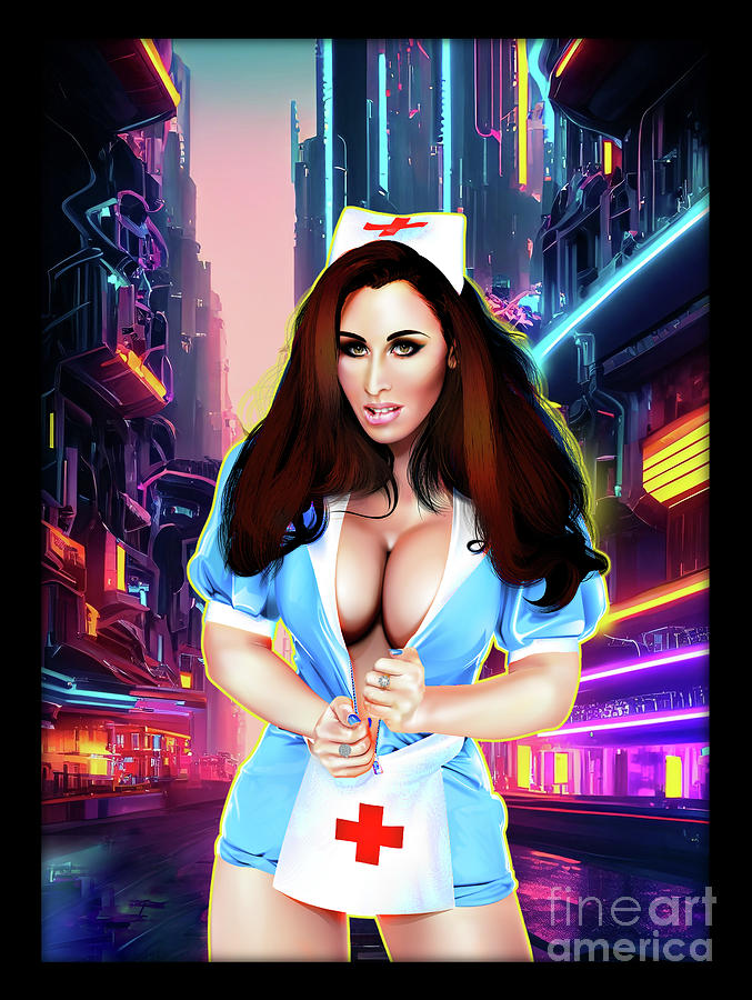 Neon city nurse - pinup Digital Art by Brian Gibbs