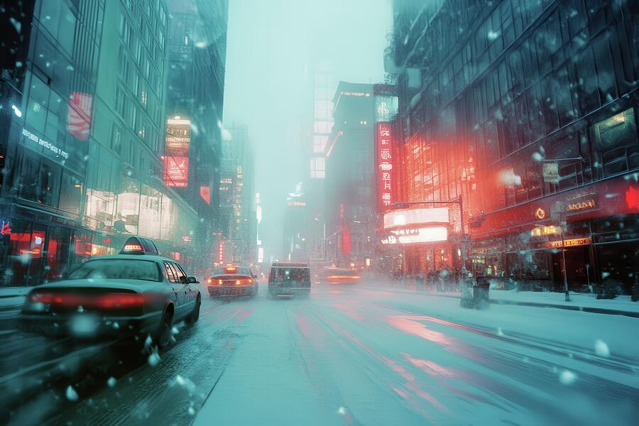 Neon Drift - Cyberpunk Cityscape in Snow Digital Art by Matthias Hauser Neon Drift - Cyberpunk Cityscape in Snow Digital Art by Matthias Hauser