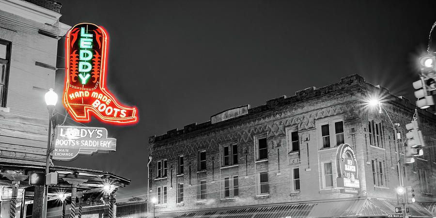 Neon Echoes Of The Fort Worth Stockyards - Color Splash Panorama Photograph by Gregory Ballos