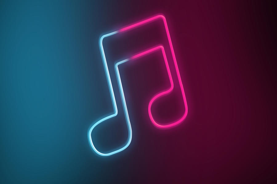 Neon light of musical tone with red and blue colors. Streaming music services for mobile devices. Photograph by Artur Debat