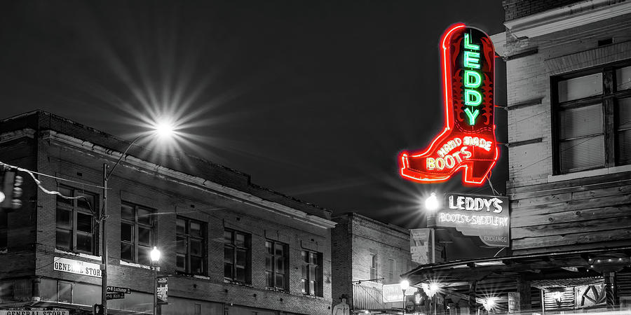Neon Night In The Fort Worth Stockyards - Color Splash Panorama Photograph by Gregory Ballos