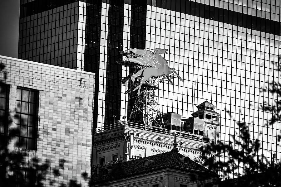 Neon Reigns - The Lone Star Pegasus of Downtown Dallas In Black And White Photograph by Gregory Ballos