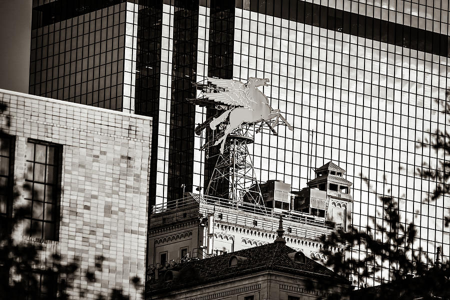 Neon Reigns - The Lone Star Pegasus of Downtown Dallas In Sepia Photograph by Gregory Ballos