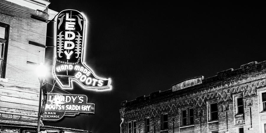 Neon Stampede Monochrome Panorama - Fort Worths Soul Shines Brightest In The Stockyards Photograph by Gregory Ballos