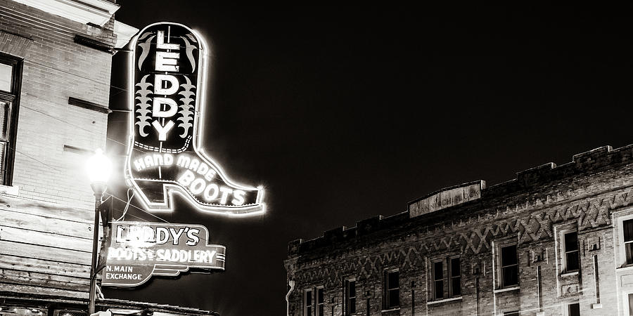 Neon Stampede Sepia Panorama - Fort Worths Soul Shines Brightest In The Stockyards Photograph by Gregory Ballos