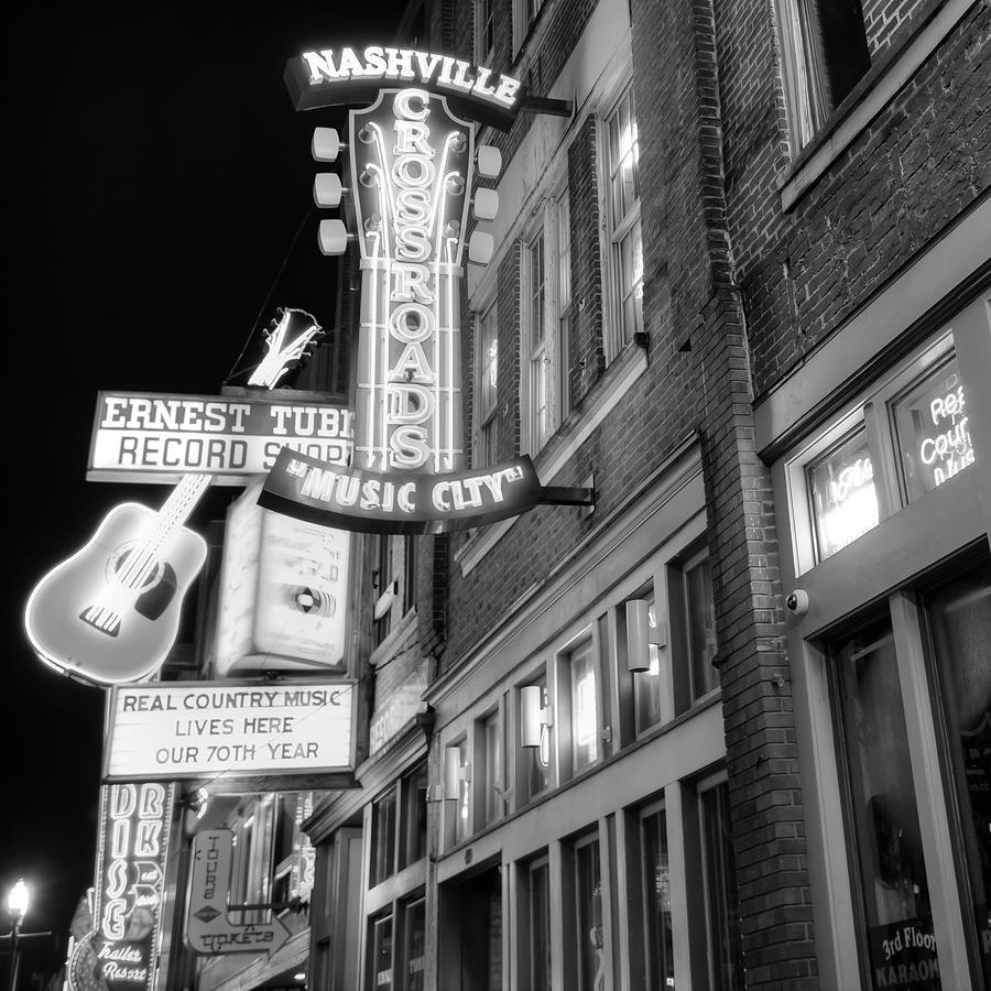 Neons Of Nashville Tennessee 1x1 - Black and White Photograph by Gregory Ballos