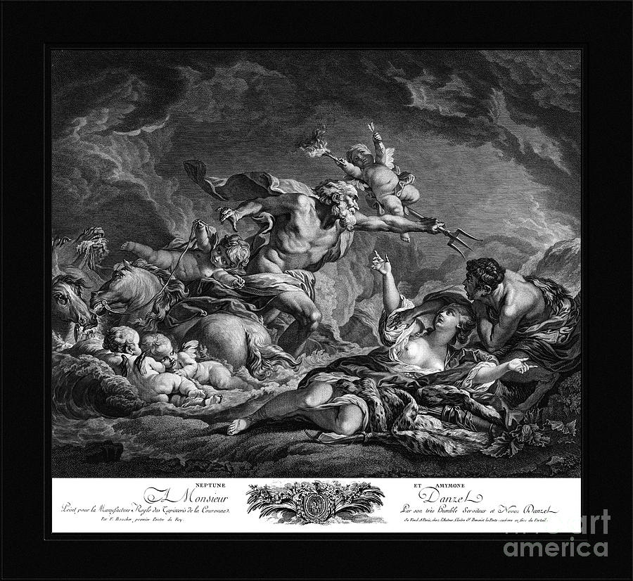 Neptune and Amymone by Engraver Jean Claude Danzel Classical Art Reproduction Drawing by Rolando Burbon