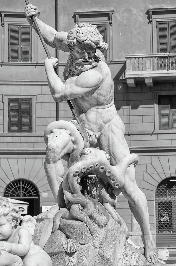 Neptune Fighting with an Octopus Fontana del Nettuno Piazza Navona Rome Italy Black and White Photograph by Shawn OBrien