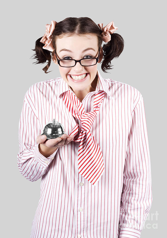 Nerd Sales Woman Holding Service Bell Over White Photograph by Jorgo Photography
