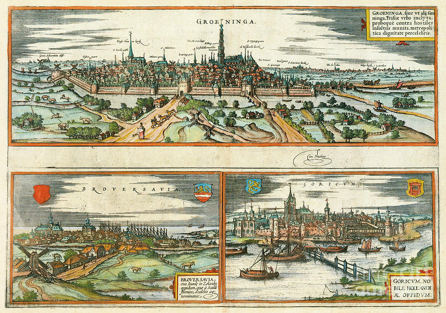 Netherlands - View Of Groningen, Brouwershaven, And Gorinchem, 1572 Drawing by Georg Braun and Franz Hogenberg