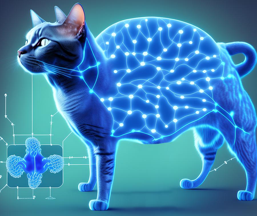Neural Network of Cat Brain, Generative AI Illustration Digital Art by