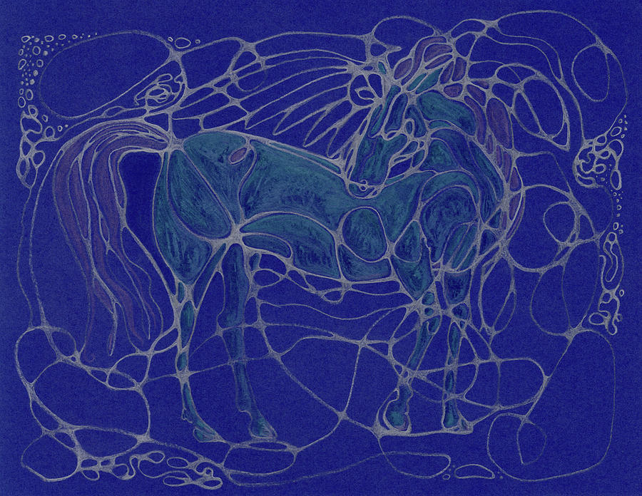 Neuroline Horse in Metallics and Blues Drawing by Katherine Nutt