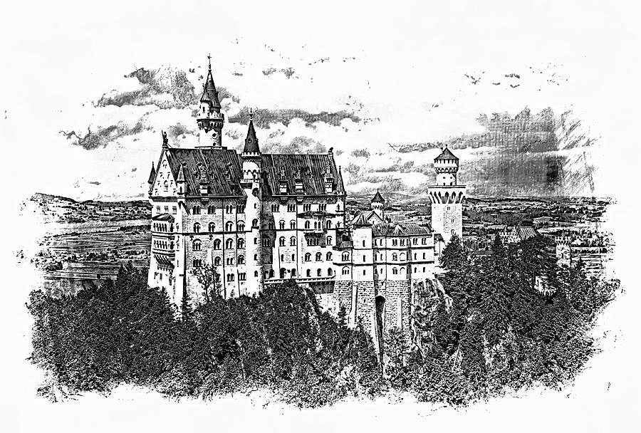 Neuschwanstein Castle Sketch Mixed Media by Bob Pardue