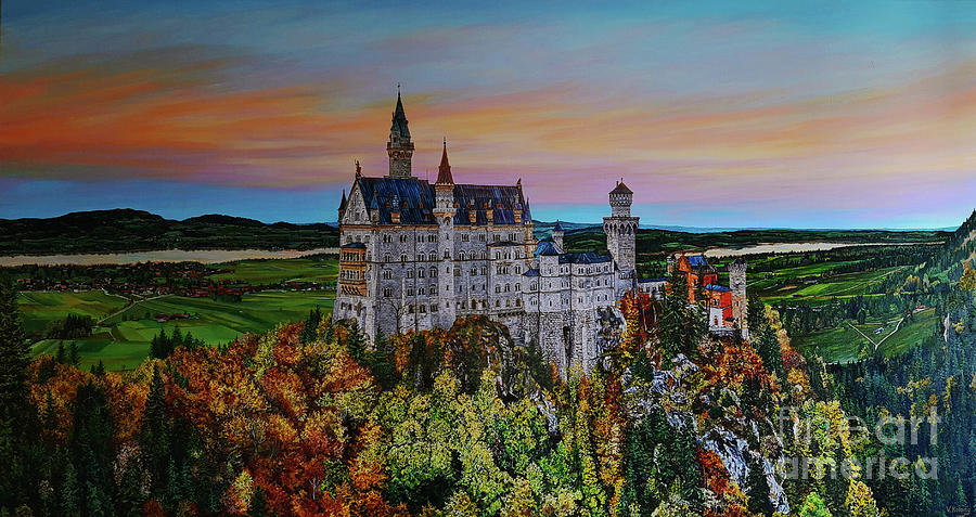 Fall Painting - Neuschwanstein castle by Viktoriya Kolomy