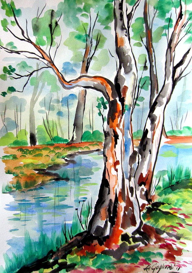  New Australian Trees by the water in the outback Painting by Roberto Gagliardi