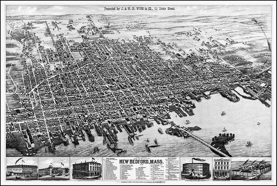 New Bedford Massachusetts Vintage Map Birds Eye View 1876 Black and ...