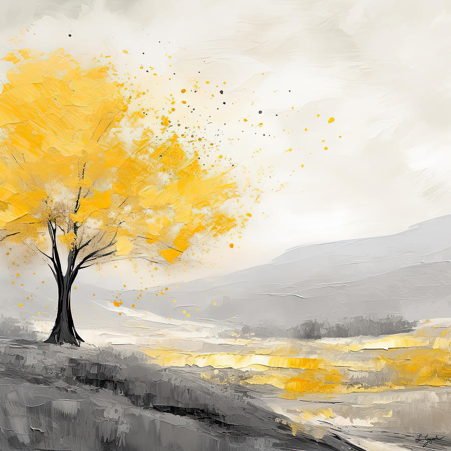 Yellow Painting - New Beginning In The Woods -Yellow and Gray Impressionist Art by Lourry Legarde