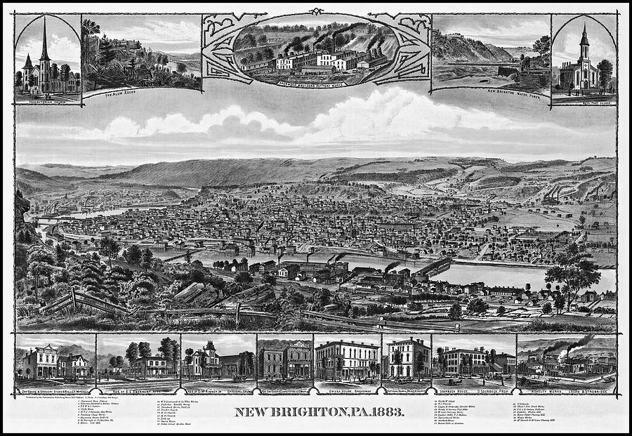 Pennsylvania Map Photograph - New Brighton Pennsylvania Vintage Map Birds Eye View 1883 Black and White  by Carol Japp