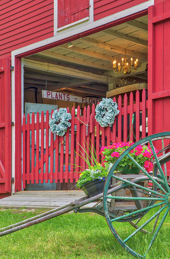 New England farm stand at the Wayside Inn Historic District Red Old Barn Photograph by Juergen Roth