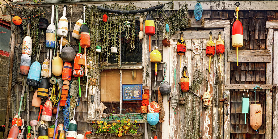 Still Life Photograph - New England Fishing Shack And Colorful Buoys Panorama by Gregory Ballos