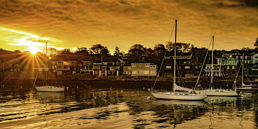 New England Sailboats At Sunrise In Rockport Harbor Panorama Photograph