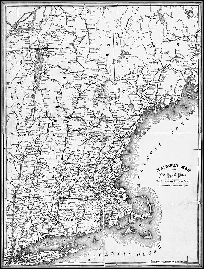 Boston Photograph - New England States Vintage Railway Map 1870 Black and White  by Carol Japp