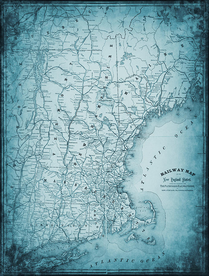 Boston Photograph - New England States Vintage Railway Map 1870 Blue  by Carol Japp