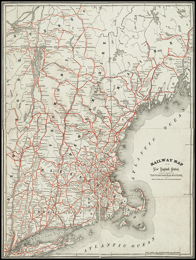 Boston Photograph - New England States Vintage Railway Map 1870 by Carol Japp