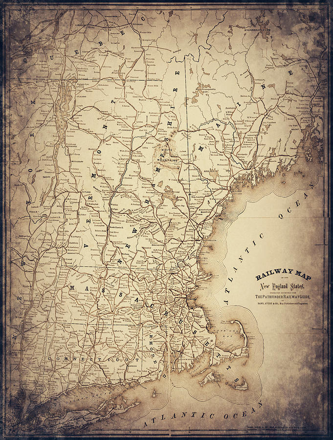 Boston Photograph - New England States Vintage Railway Map 1870 Sepia  by Carol Japp