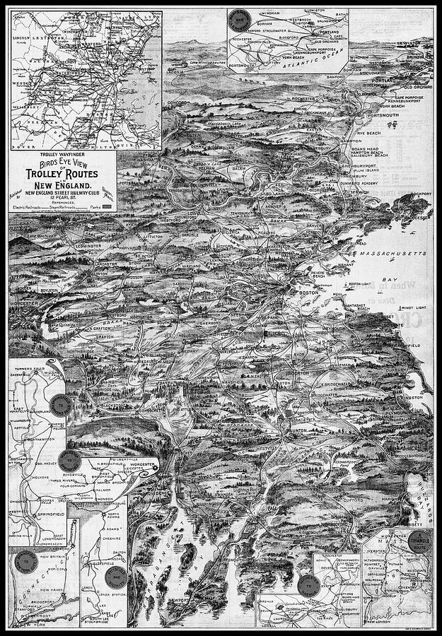 New England Trolley Routes Map Birds Eye View 1904 Black and White ...