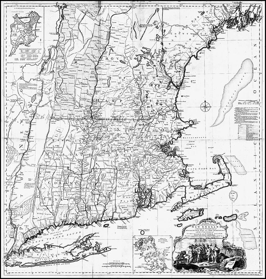 New England Vintage Historical Map 1776 Black and White Photograph by