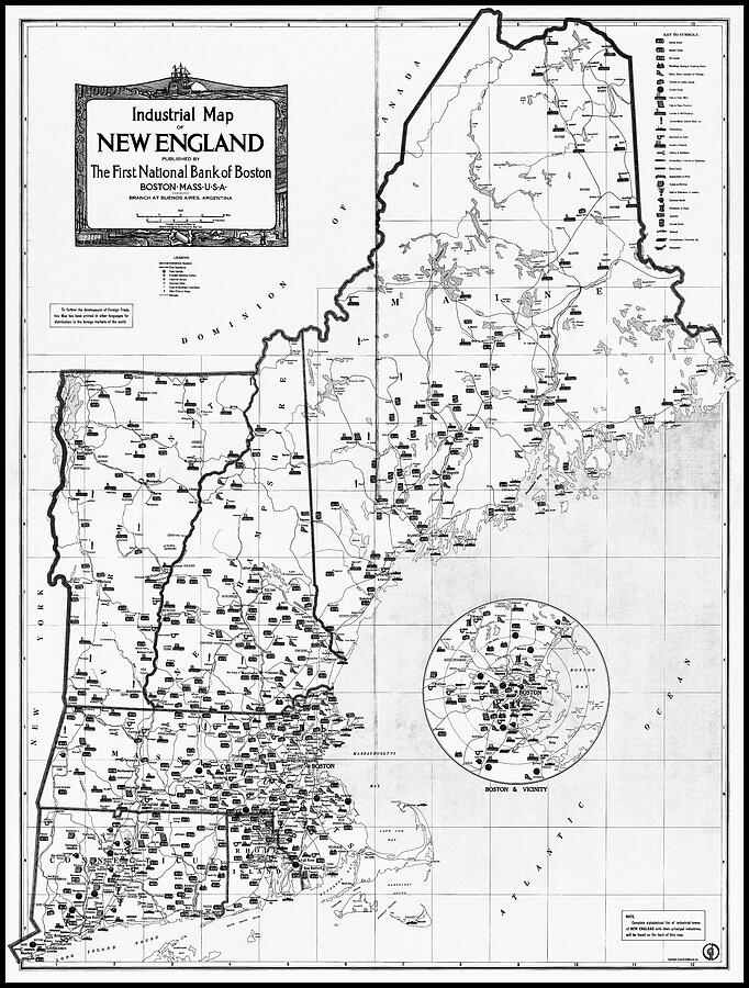 New England Vintage Industrial Map 1919 Black and White Photograph by ...