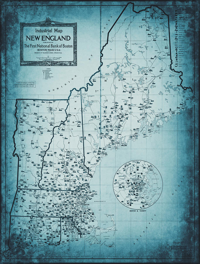 New England Vintage Industrial Map 1919 Blue Photograph By Carol Japp   New England Vintage Industrial Map 1919 Blue Carol Japp 