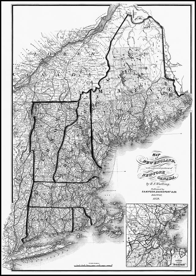 New England Vintage Map 1879 Black and White Photograph by Carol Japp ...