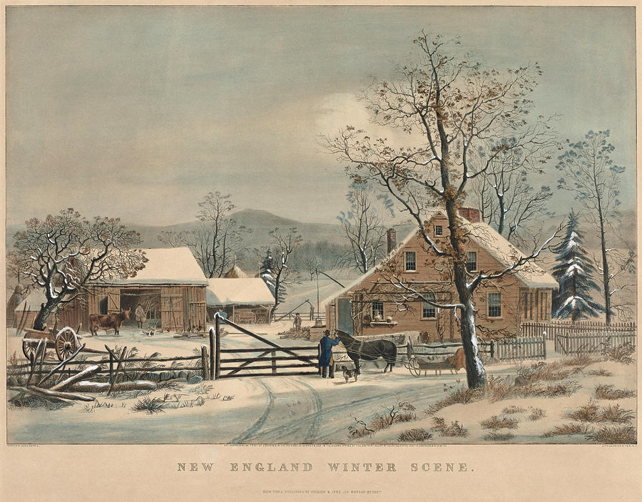 New England Winter Scene  Drawing by Nathaniel Currier