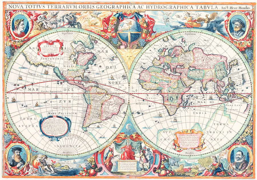 Vintage Drawing - New Geographic and Hydrographic Map of the Whole World by Jodocus Hondius II