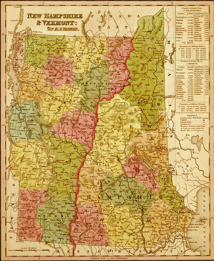 Map Drawing - New Hampshire and Vermont 1844 by Vintage Maps