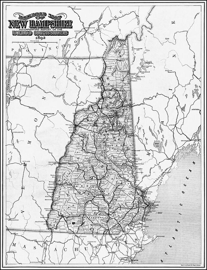 New Hampshire Vintage Railroad Map 1892 Black and White Photograph by ...