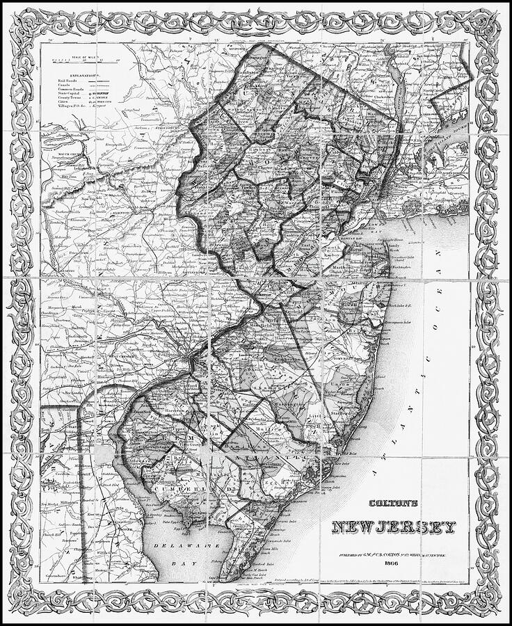 New Jersey Antique Map 1866 Black And White Photograph By Carol Japp ...