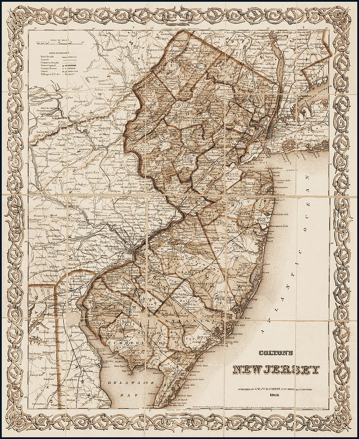 New Jersey Antique Map 1866 Sepia  Photograph by Carol Japp