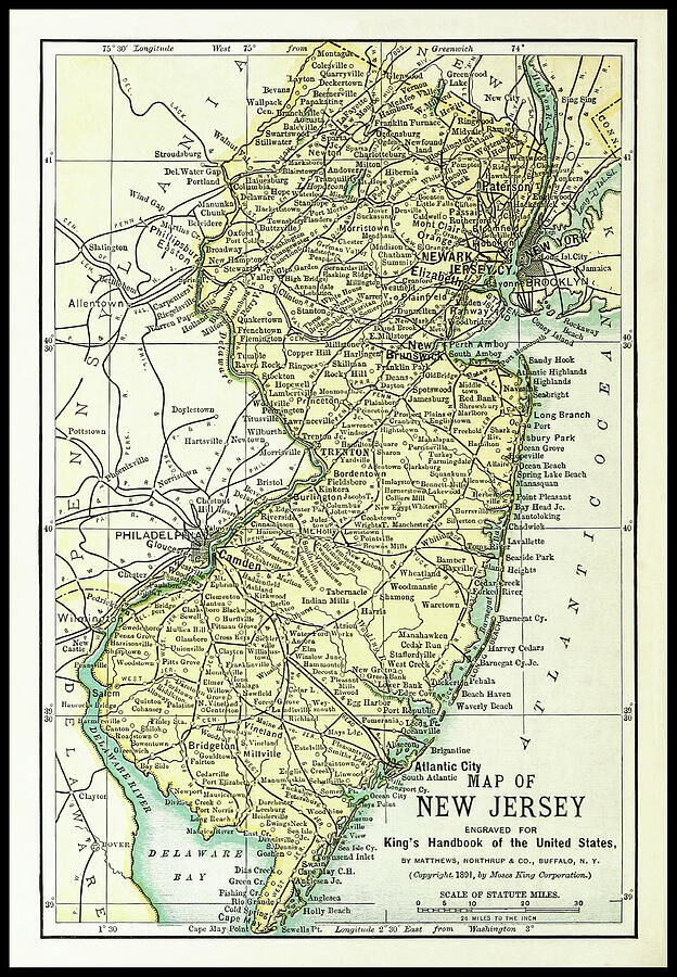 New Jersey Historical Vintage Map 1891 Photograph by Carol Japp - Fine ...