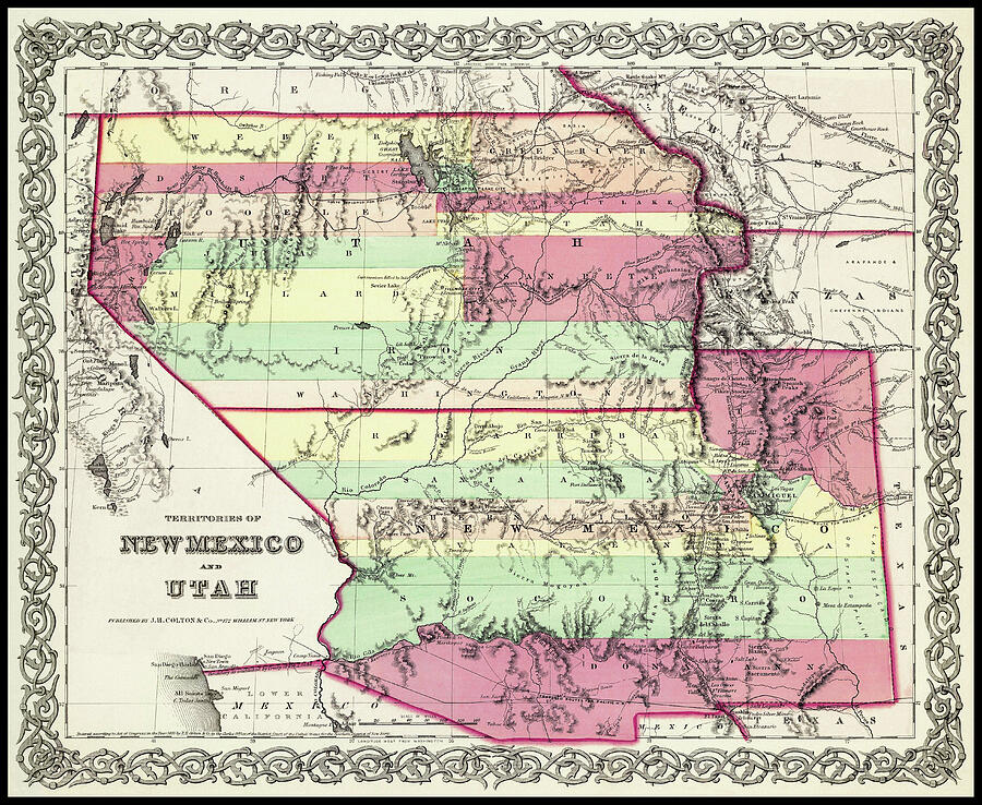 New Mexico and Utah Vintage Map 1855 Photograph by Carol Japp - Fine ...