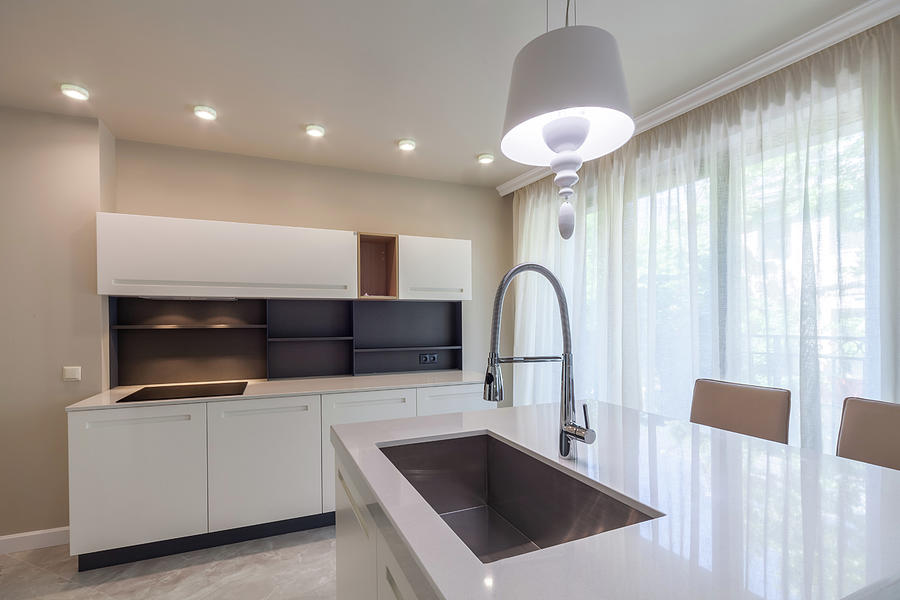 New Modern White Kitchen. New Luxury Home. Interior Photography Photograph