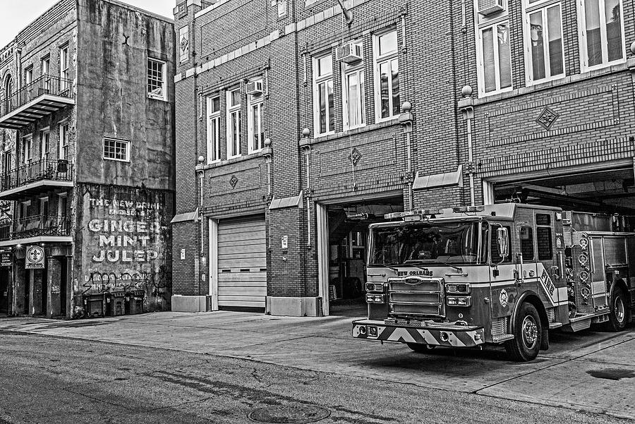 New Orleans Fire Station Decatur Street Ginger Mint Julep Black and White Photograph by Toby McGuire
