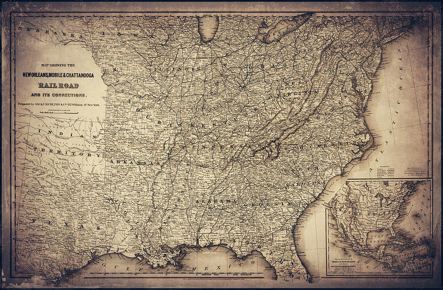 New Orleans Mobile and Chattanooga Railroad Vintage Map 1865 Sepia ...